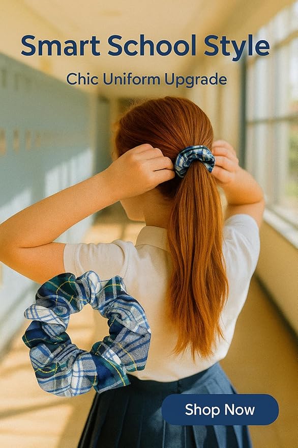 ClassExceed School Uniform Plaid, Plaid Scrunchie, Back to school, handmade school uniform hair accessories (White forest Yellow Navy Plaid80)