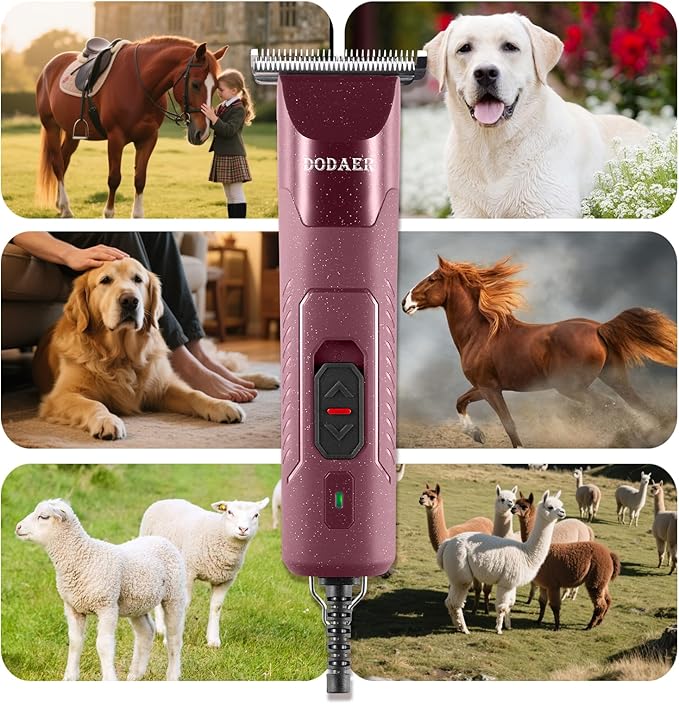 DODAER Professional Grooming Electric Corded 2-Speed Horse Clipper with Detachable Blade - Cool & Quiet Running Design - Includes Size T84 Blade for Complete Horse Grooming - Burgundy