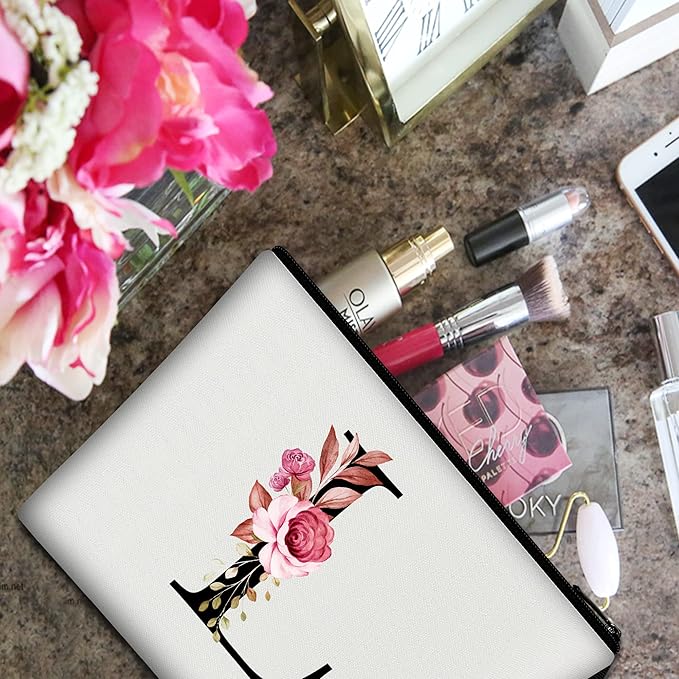 Vavabox A-Z Personalized Makeup Bag, Birthday Gifts for Women Mom, Gifts for Best Friend, Bride Bridesmaid Cosmetic bag (L, 01-White)