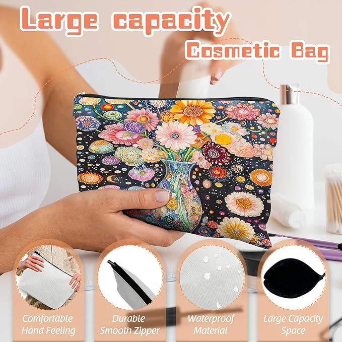 Scribesense Makeup Bag Travel Cosmetic Bags Small Makeup Case Waterproof Zipper Pouch for Women Girls 7X9inches - Colorful Flowers in A Blue Vase with Dots