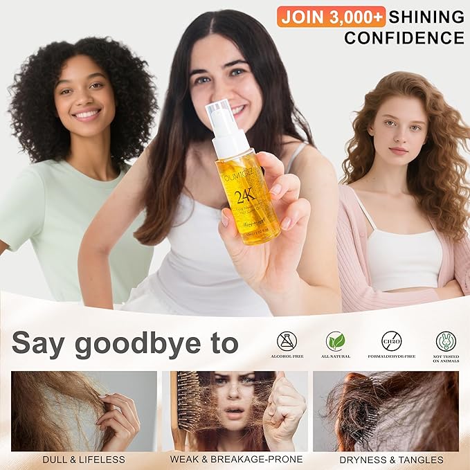 Oumigiz 24K Gold Hair Oil, Repair Shine Serum with Coconut, Argan & Olive Oils - Heat Protectant and Frizz Control - Vegan, Lightweight Leave-In Treatment for Dry Damaged Hair (2.02 Fl Oz (Pack of 2))