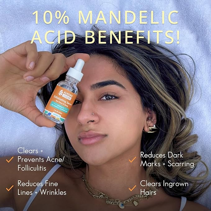 Almond Clear Mandelic Acid Level 1 Serum | Facial Serum for Acne, Folliculitis, Aging Skin, Ingrown Hairs, Dark Spots on Face, Chest, Butt, Back, Thighs, Arms | 4oz