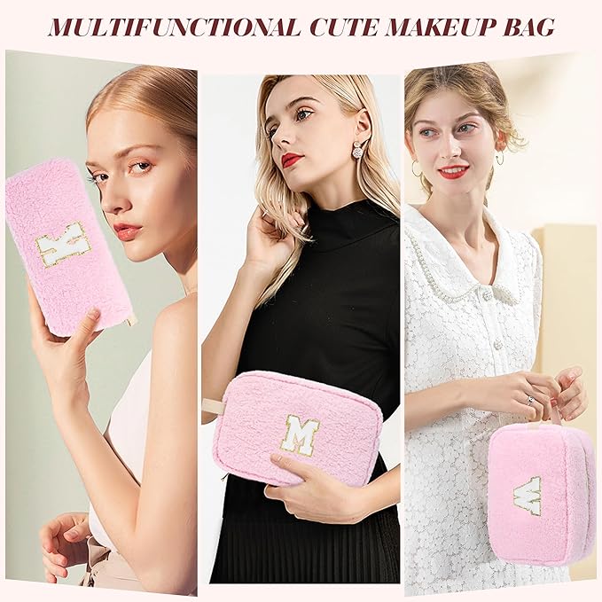 ibeacos 2PCS Makeup Bag with Initials, Valentines Day Gifts for Teen Girls Trendy Stuff, Personalized Cosmetic Travel Bag Pouch for Granddaughter, Cute Plush Make up Bags for Birthday - Pink H