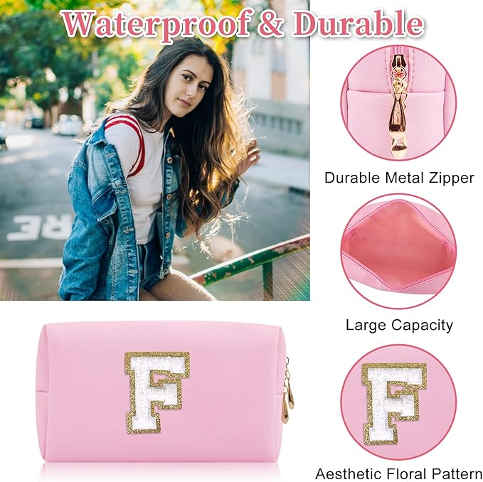 Iqimott,Personalized Initial Letter Patch Makeup Bag, Preppy Portable Chenille Letter Cosmetic Bag with Zipper, PU Leather Travel Toiletry Bag Monogram Make Up Pouch for Women Girls(Letter F)