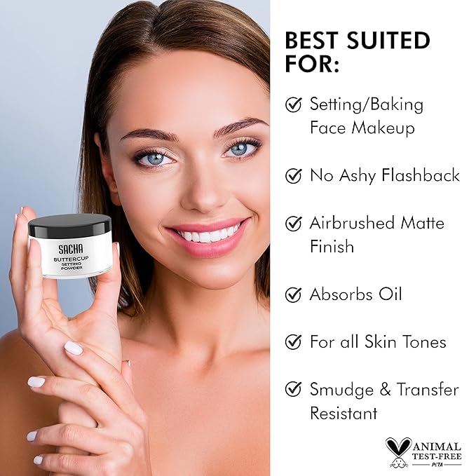Sacha Buttercup No Color Setting Powder – All Skin Tones Translucent Loose Face Powder, Flashback-Resistant, Oil Control, Long-Wear Matte Finish (1.75 oz)