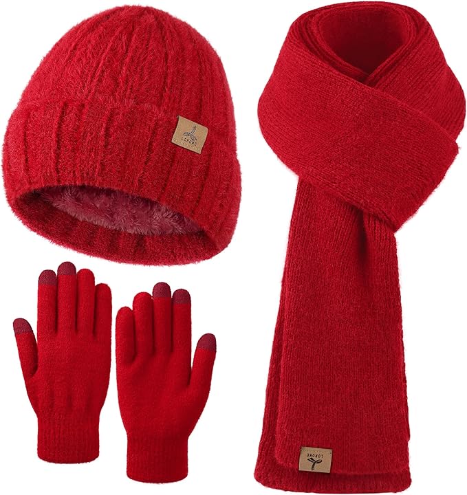 LOROME Winter Beanie Hat Gloves Scarf, Cashmere Hat Gloves Scarf Set Women