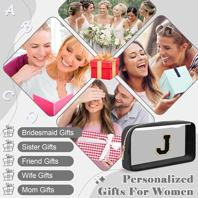 UIXIZQ Personalized Initial Letter Clear Makeup Bag,Preppy Small Nylon&PVC Cosmetic Zipper Bag with Chenille Letter,Travel Skincare Toiletry Bag,Monogram Christmas Gift for Teen Girls Women,J