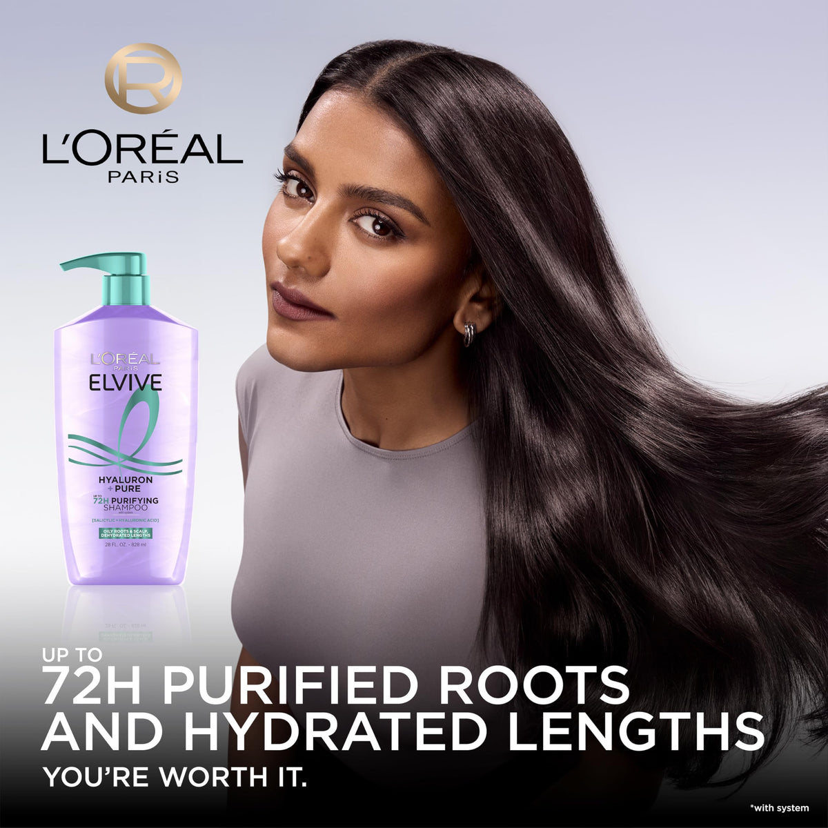 L'Oreal Paris Elvive Hyaluron + Pure Shampoo and Conditioner Set, Clarifying Shampoo and Rehydrating Conditioner with Salicylic Acid and Hyaluronic Acid, 56 Fl Oz Set