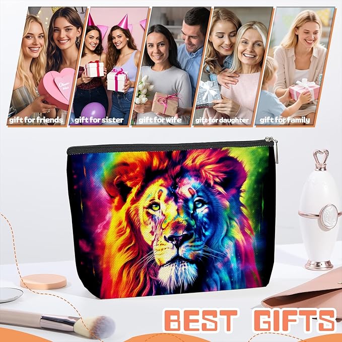 Scribesense Makeup Bag Travel Cosmetic Bags Small Makeup Case Waterproof Zipper Pouch for Women Girls 7X9inches - Fantasy - Style Lion Portrait in Vivid Colors