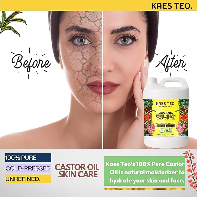 Kaes Teo Organic Castor Oil 1 Gallon (128 fl oz) Bulk, 100% Pure Cold-Pressed, Hexane Free, Eyelash, Eyebrow & Hair Growth Serum, Skin Moisturizer, Massage, Hair Loss, Dandruff, Detox and Wraps