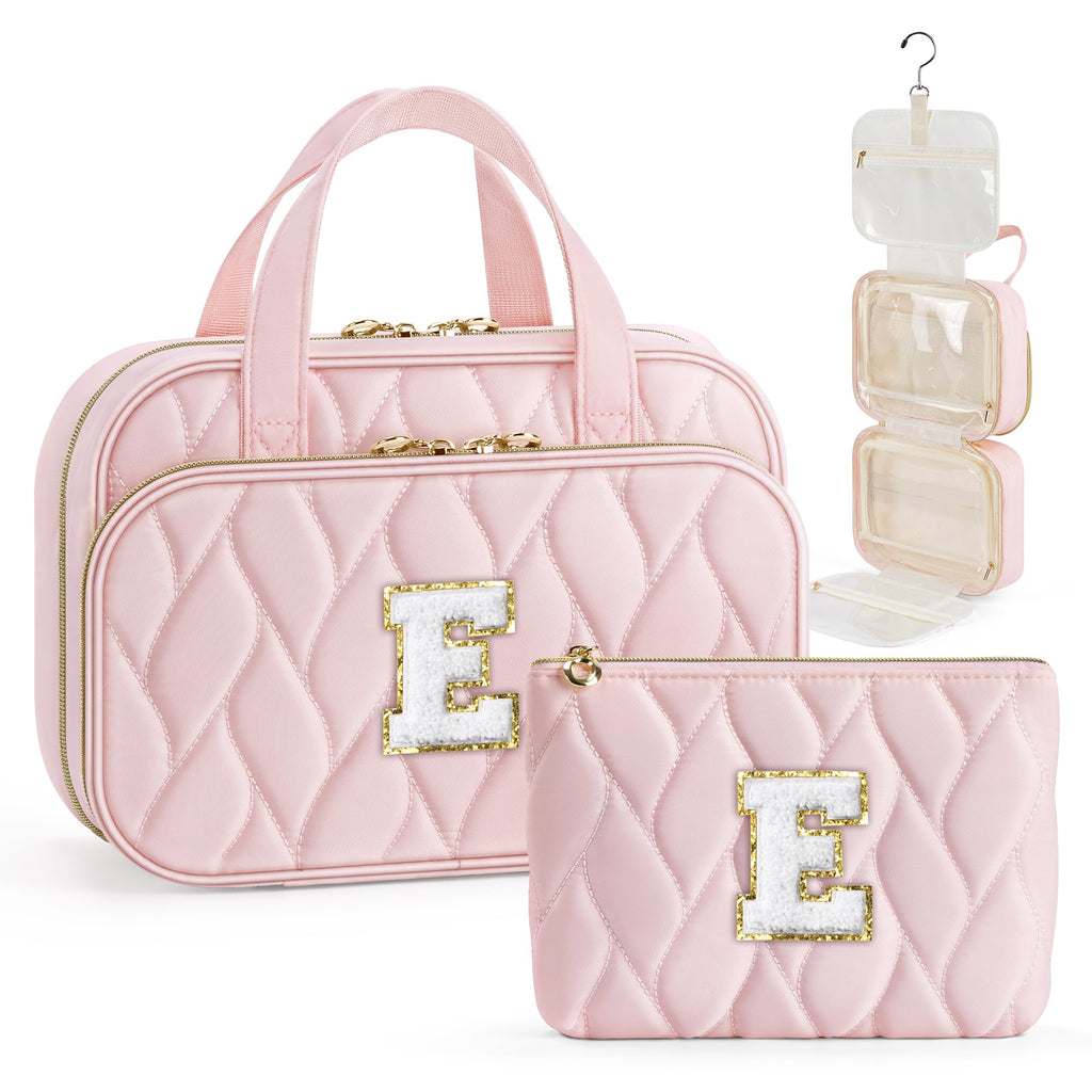 YOOLIFE Teen Girl Gifts Trendy Stuff - Birthday Gifts for 7 8 9 10 11 12 13 14 15 16 17 18 Year Old Teen Girls Hanging Toiletry Bag Initial Makeup Bag - Letter Pink E