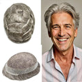 F M FACE MIRACLE NEW YORK Mens Toupee Human Hair Piece French Lace Toupee for Man Hair System Indian Human Hair Replacement Systems V-Looped PU Front Hairpieces 7"X9" #370 Dark Brown with 70% Gray