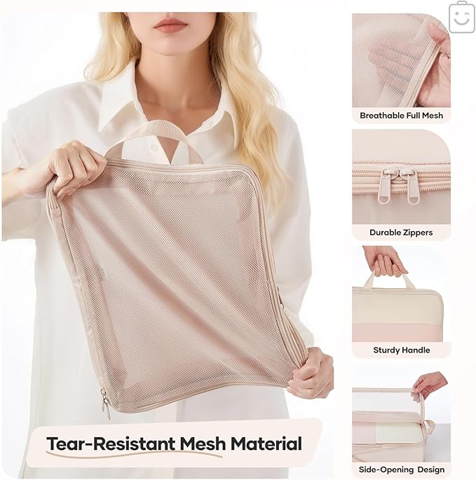 Veken 9/11 Set Compression Packing Cubes Garment Bags for Travel Essentials,Compressible Expandable Luggage Organizer Bags for Clothing,Space Saver Bags with Over 1000 pcs of Mesh Holes(Beige)