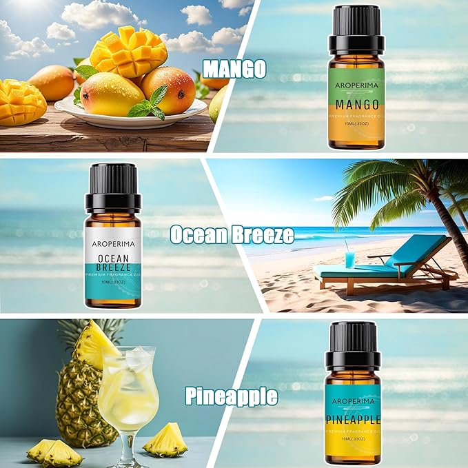 AROPERIMA Beach Fragrance Essential Oil Set - Ocean Breeze, Bay Rum, Pineapple, Autumn Wreath, Mango, Papaya 6x10ML Essential Oil for Diffusers, Soap Making and Candle