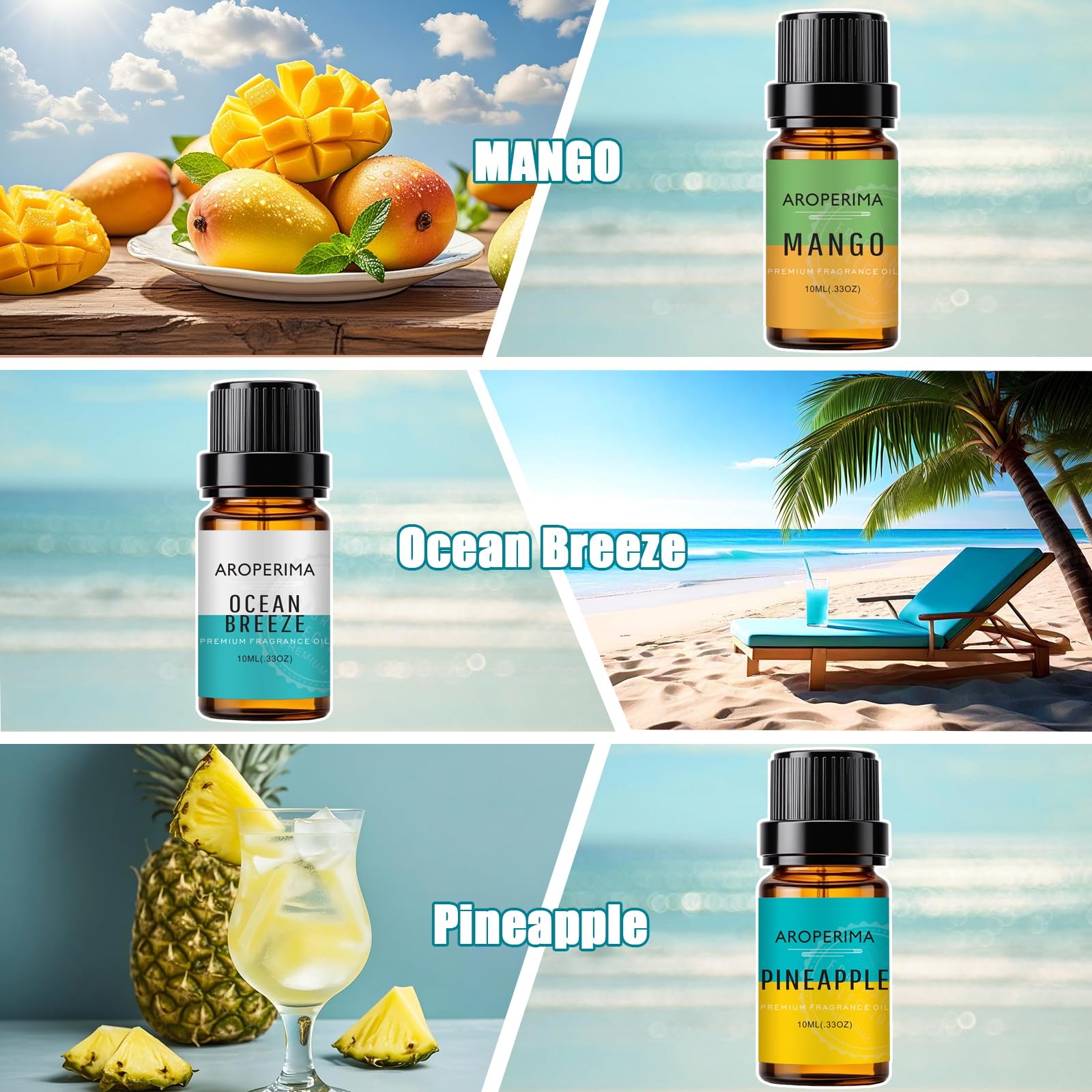 AROPERIMA Beach Fragrance Essential Oil Set - Ocean Breeze, Bay Rum, Pineapple, Autumn Wreath, Mango, Papaya 6x10ML Essential Oil for Diffusers, Soap Making and Candle