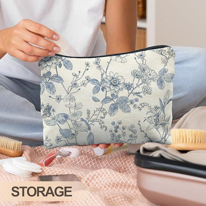 RYYCDOI Vintage Blue Floral Makeup Bag, Chinoiserie Blue and White Floral Cosmetic Bags for Women, Retro Flower Botanical Zipper Makeup Pouch