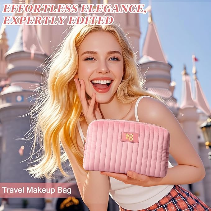 BagUrshion Monogrammed Make Up Bags for Women,Personalized Cosmetic Bags Women,Small Quilted Makeup Pouch,Cute Makeup Bag Travel,Birthday Gifts for Teen Girl (Pink B)
