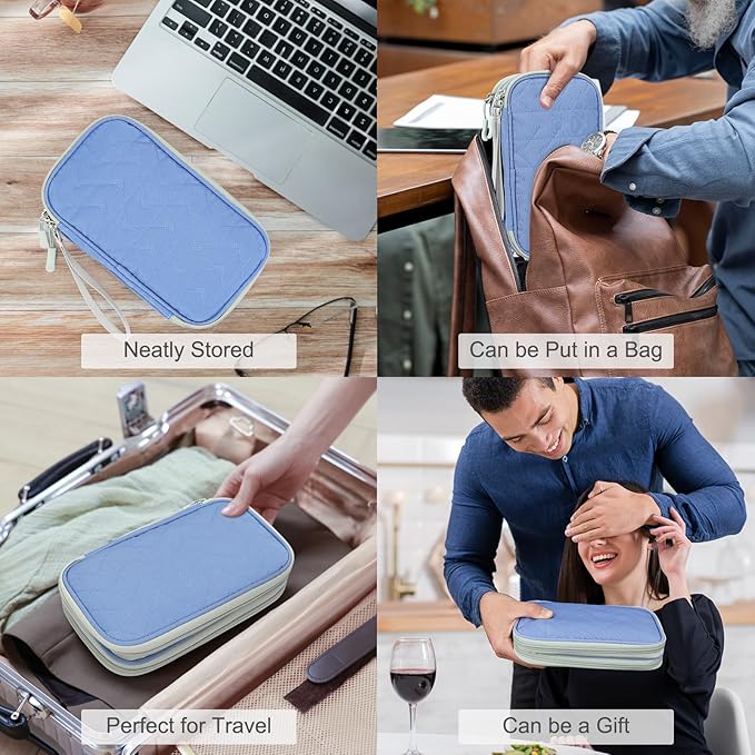 FYY Electronic Organizer, Travel Tech Pouch Bag, Medium, Blue Quilted