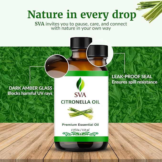 SVA Citronella Essential Oil 4 Fl Oz – for Diffuser, Skin & Hair Care – Ideal for Massage & DIY Blends – with Dropper