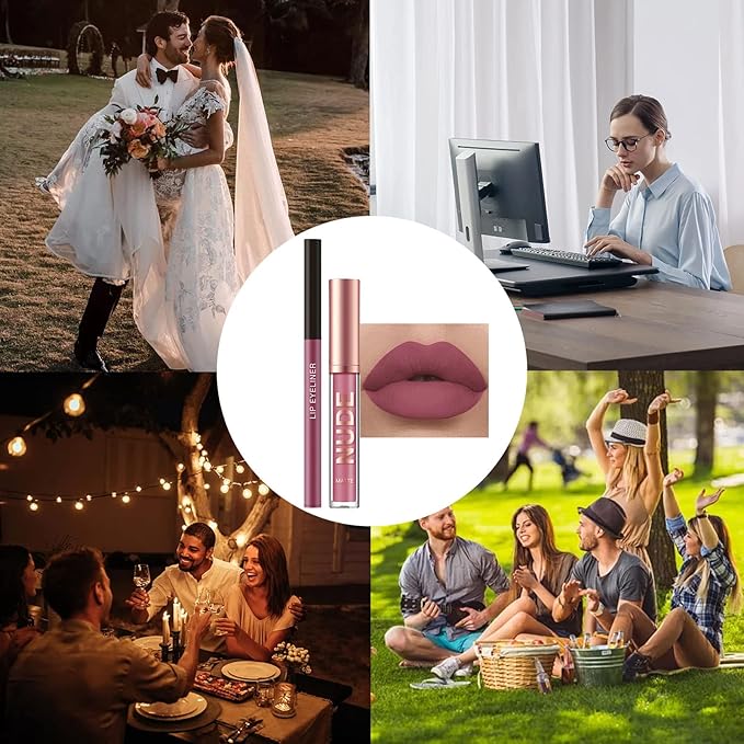 Rosarden 2Pcs Matte Lipstick and Lip Liner Set, Cream Nude Mauve Long Lasting Waterproof Lipliner Pencil & Plumper Lip Gloss, Retractable Lip Liner and Liquid Lipstick for Women Girls Lip Makeup (#02)