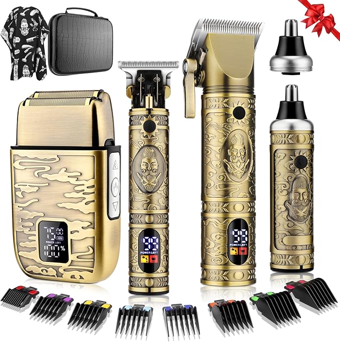 QREEYX Hair Clippers for Man T-Blade Trimmer Nose Hair Trimmer Electric Shaver Set, Professional Metal Body Barber Clippers Set for Haircut, Men’s Grooming Kit with LCD Display, Ideal Gift for Him