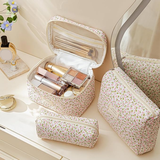 HBselect Quilted Makeup Bag, 3Pcs Cotton Large Travel Makeup Bags Organizer