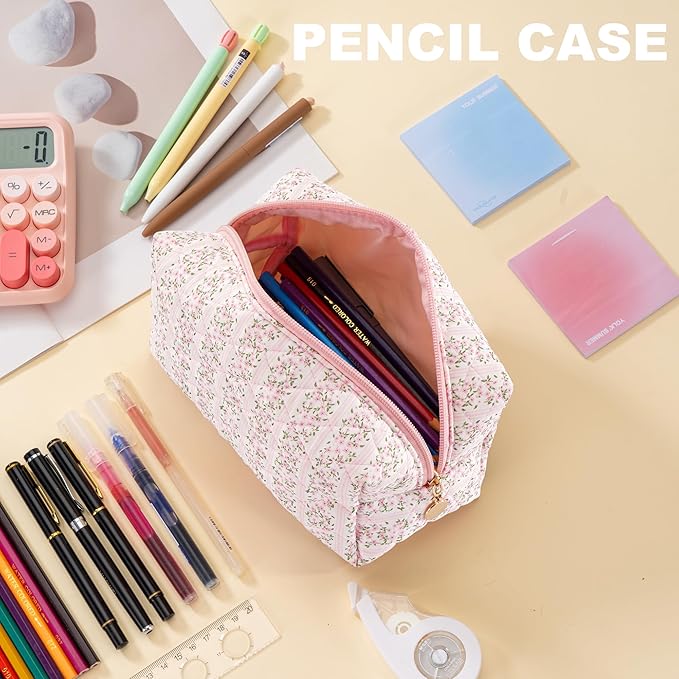 UUYUUY Makeup Bag Travel Toiletry Bag for Women, Small Cosmetic Bags Cute Quilted Cotton Makeup Pouch for Purse Emergency Bag Pencil Case Accessory Bag, Pastel Pink