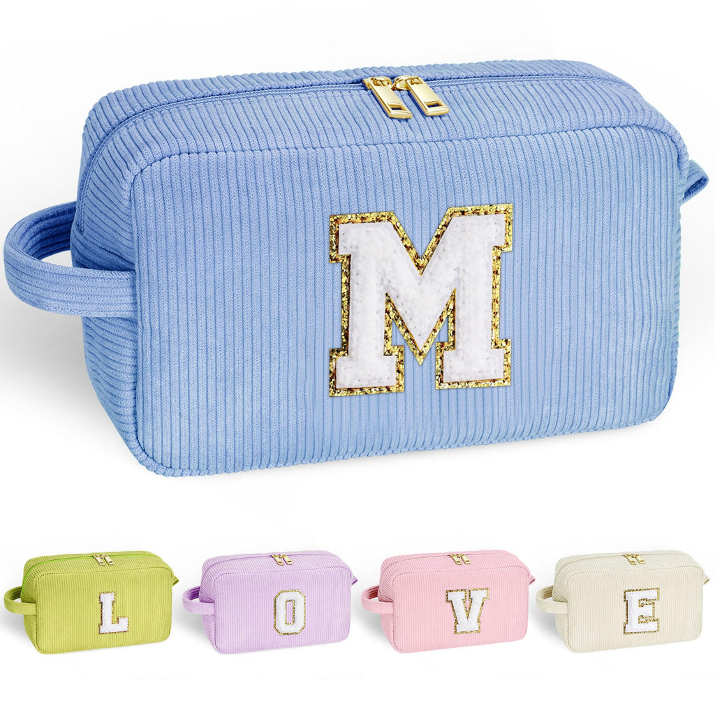 YOOLIFE Birthday Gifts for Women - Gifts for Mom Travel Makeup Bag Cute Blue Makeup Bag Make Up Bag Travel Toiletry Bag Girls Friend Birthday Gifts Bridesmaid Wedding Gift Ideas for Women Letter M