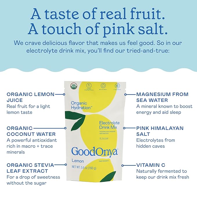 GoodOnya Organic Hydration Electrolyte Drink Mix, Certified Organic Hydration Powder, Non-GMO, Biochecked Glyphosate Free, Low Sugar, Lemonade Flavor, No Artificial Flavors, 20 Servings
