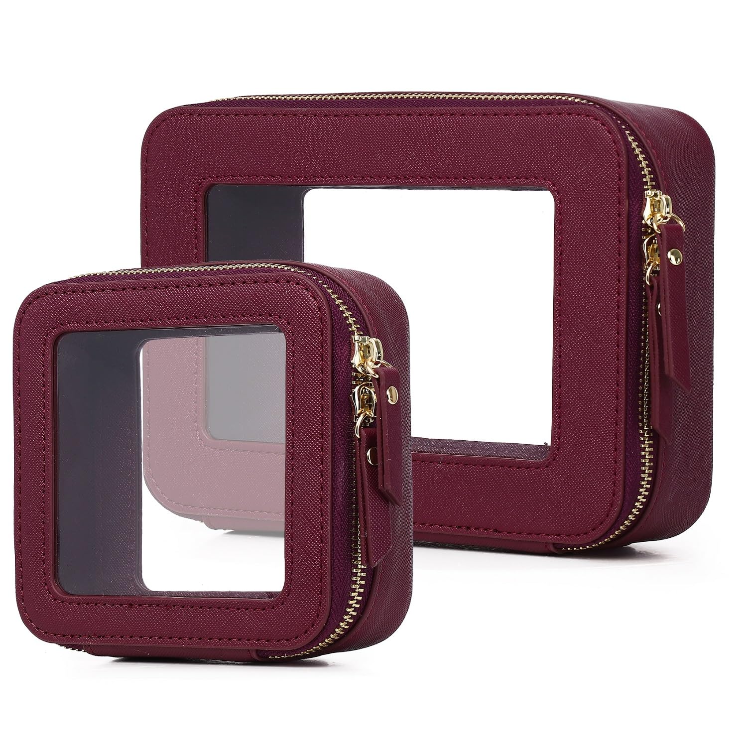 Pinkmik Clear Makeup Bag Waterproof Travel Case for Cosmetics and Toiletries Women's Purse Organizer and Clear Car Bag with Zipper (X/Burgundy, M+MINI)