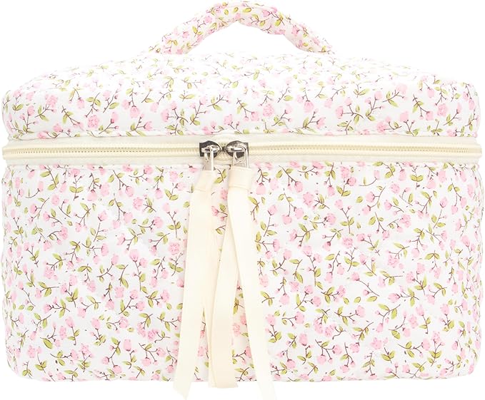 Quilted Makeup Bag for Women, Travel Cosmetic&Toiletry Bag,Floral Pink