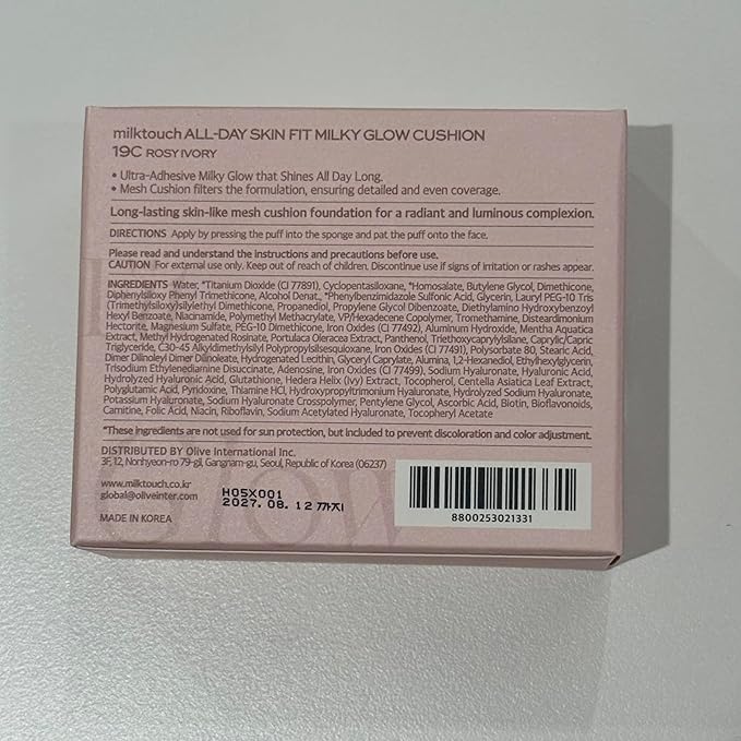 milktouch Cushion Foundation, 24H Flawless Skin, Radiant Shine, No Oxidation, Long-Lasting, Non-Creasing, 60% Hydrating Skincare Infused Korean (19C Rosy Ivory)