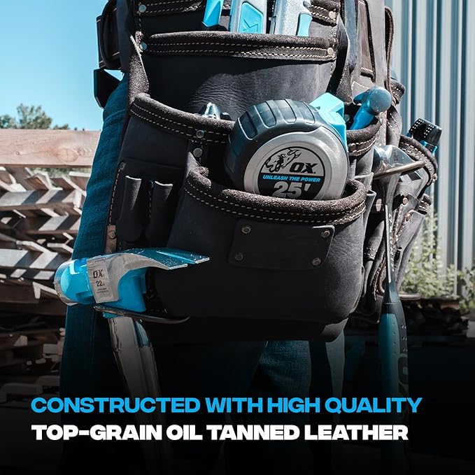 OX Pro Oil‑Tanned Leather Carpenter Tool Belt with Padded Suspenders & Dual Hammer Loops