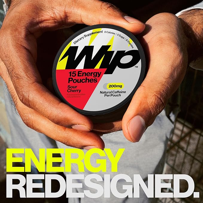 Wip Energy Pouches, Sugar Free Blend with 200 MG Natural Caffeine, B Vitamins, Minerals & L Theanine for Energy Support, Pre Workout for Active Lifestyles, Sour Cherry, 3 Cans, 15 Pouches per can