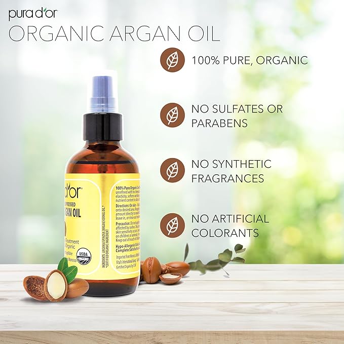 PURA D'OR USDA Organic Moroccan Argan Oil–100% Pure Cold-Pressed Virgin Grade–Treatment for Hair, Skin, Face, Body– Helps Dry Skin, Scalp Care, Split Ends, Nails & Cuticles 4 Oz - Ayurvedic Hair Care