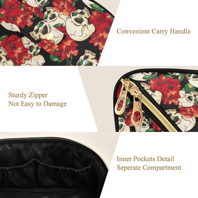 MNSRUU Makeup Organizer Bag, Skull and Flower Travel Makeup Bags Makeup Vanity Case Large Capacity Rhombus Cosmetic Toiletry Bag for Girl Women Ladies