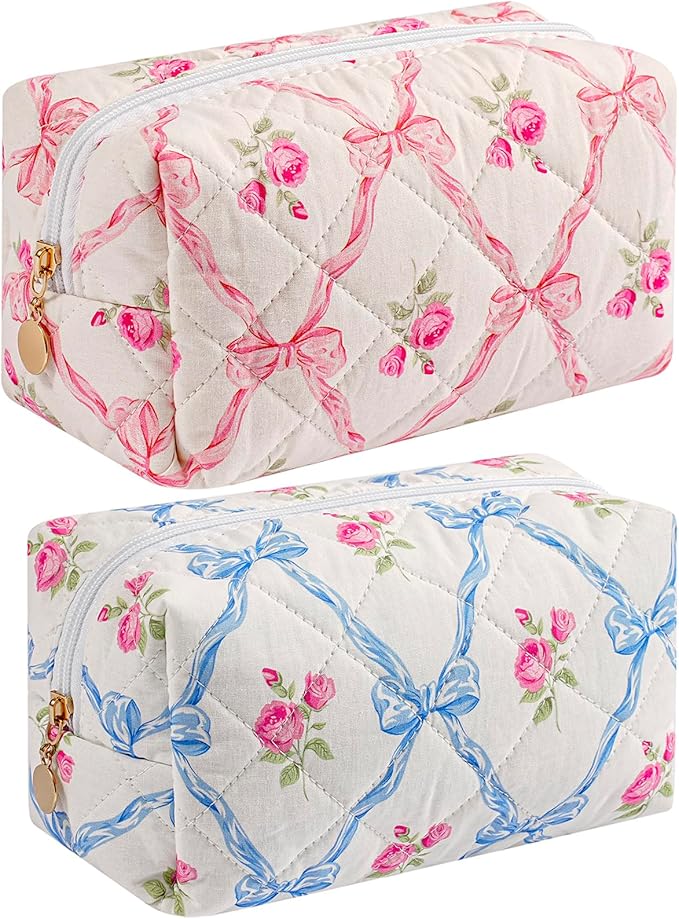 HHQQWZ Makeup Bag Travel Cosmetic Bag for Women Girls, Zipper Make Up Pouch, Floral Flowers Toiletry Organizer Makeup, Portable Storage Bag, Cosmetic Travel Cloth Bag (Pink Bowknot+Blue Bowknot)