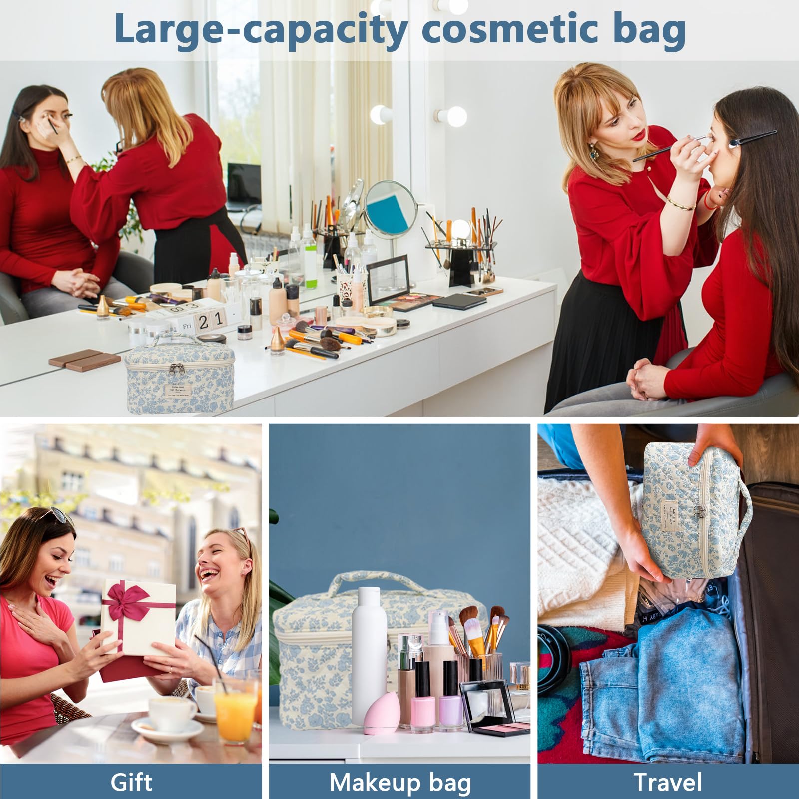 Gosect Large Makeup Bag, Cute Cosmetic Bag for Women Girls, Floral Coquette Aesthetic Toiletry Bag, Travel Make Up Organizer Bag (BDLH)