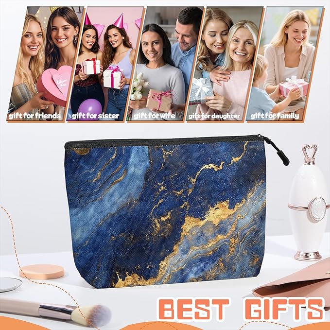 Scribesense Cosmetic Bags Travel Makeup Toilet Case Waterproof Pouch for Women Girls 6.7X9.45inches - Blue And Gold Marble