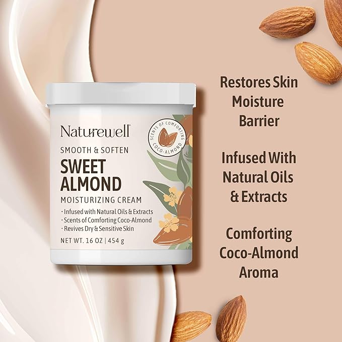 NATURE WELL Sweet Almond Body Cream, Moisturizing Cream for Dry & Sensitive Skin, Hydrating Body Moisturizer with Natural Oils & Extracts, Coco-Almond Scent, Dermatologist Tested, 16 Oz