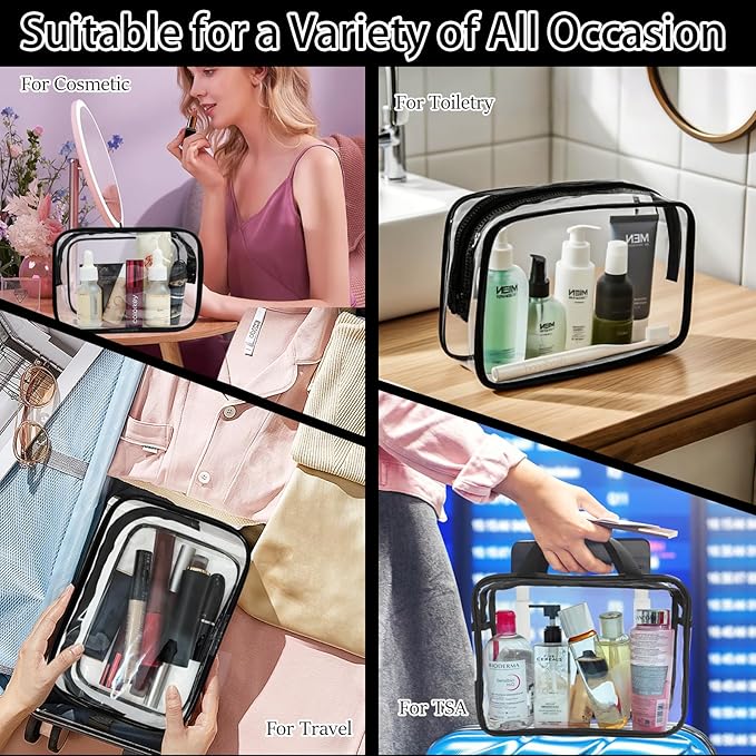 YOQIVEXU 4 Packs Large Clear Cosmetic Bag, Waterproof Clear Makeup Toiletry Organizer Pouch, Reusable PVC Plastic Storage Bags with Zipper for Travel