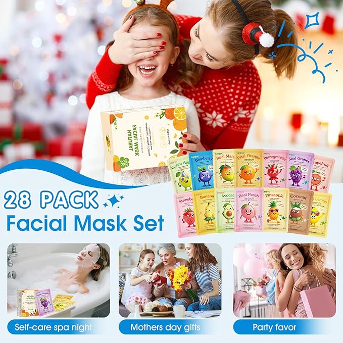 KONEUK 28 Pack Fruit Face Masks Skincare for Kids Girls, Sheet Face Mask