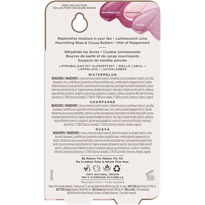 Burt's Bees Lip Shimmer Pink Collection, Tinted Lip Balm Stick, Moisturizing for All Day Hydration with Natural Glowy Pigmented Finish & Buildable Color, 3 Shades, Value Pack, 0.09 oz., Three Tubes