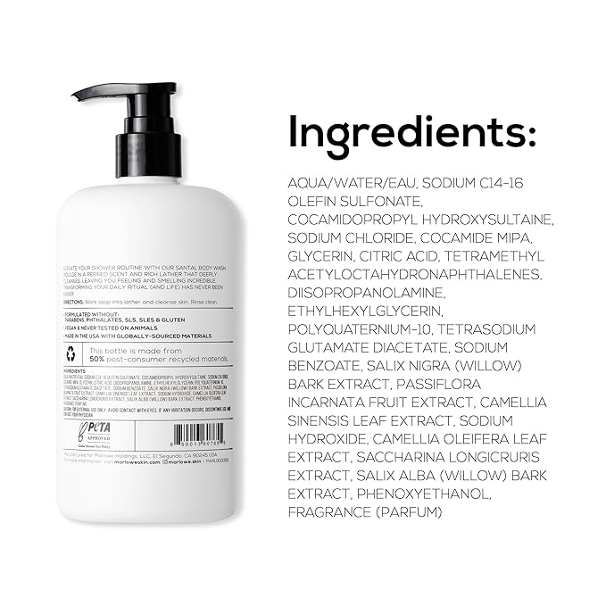 MARLOWE. Men's Body Wash, Refreshing Shower Gel, Santal, 15 oz Pump