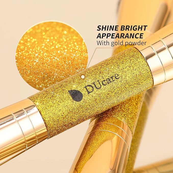 DUcare Dual End Powder Kabuki Makeup Brush Gold Glitter Vegan Synthetic for Liquid Cream Setting Powder