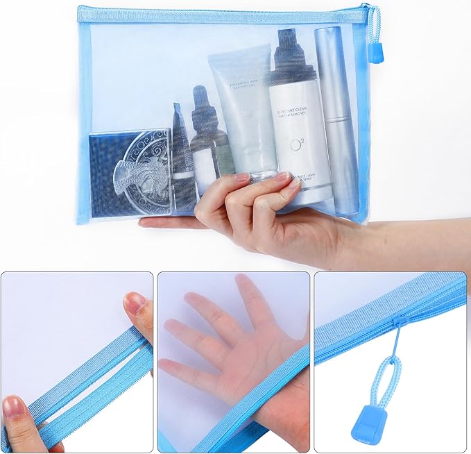 Sinzip 12 Pieces Zipper Nylon Mesh Pouch, Mesh Cosmetic Bags Makeup Bags Pencil Case, Multipurpose Travel Bags for Cosmetic School Office Supplies and Travel Accessories (Sky Blue, A5)
