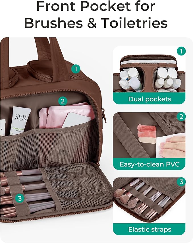 BAGSMART Travel Toiletry Bag, Puffy Toiletry Bag for Women, Wide-open toiletry bags for traveling, Large Travel Cosmetic Makeup Bag Organizer for Accessories,Toiletrie (Coffee Brown)