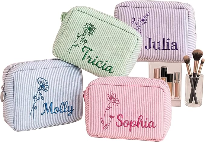 DayOfShe Personalized Makeup Bag Embroidered with Name&Birth Flower, Personalized Birthday Bridesmaids Gifts for Women Teen Girls,Custom Seersucker Cosmetic Toiletry Travel Make Up Bags