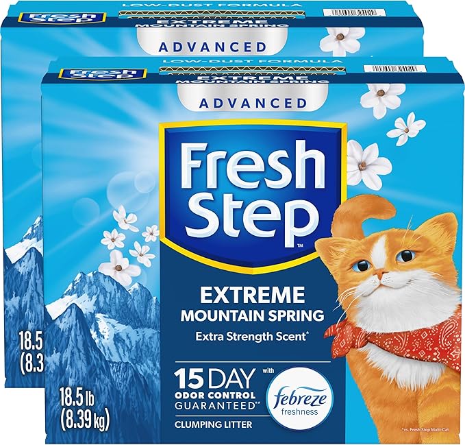 Fresh Step Advanced Extreme Clump Multi Cat Clumping Litter with Febreze Freshness, Mountain Spring Scent, Ammonia Block Technology, Low Dust, Low Tracking, 18.5 lb. Box, Pack of 2