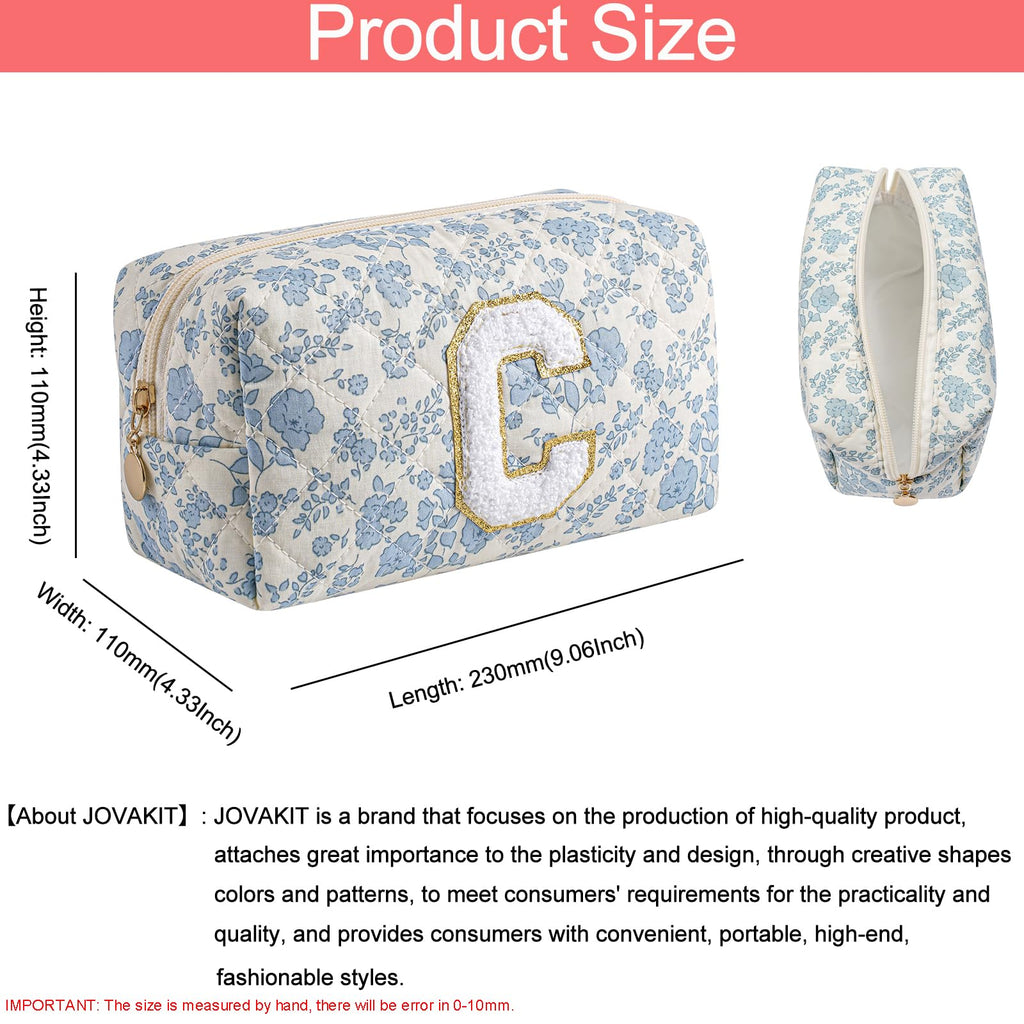 JOVAKIT Makeup Bag Cosmetic Bags for Women, Christmas Gifts for Girls Age 6-18, Alphabet Pink Floral Coquette Zipper Travel Makeup Pouch, Organizer Case Trendy Stuff (Pink+ Blue C)